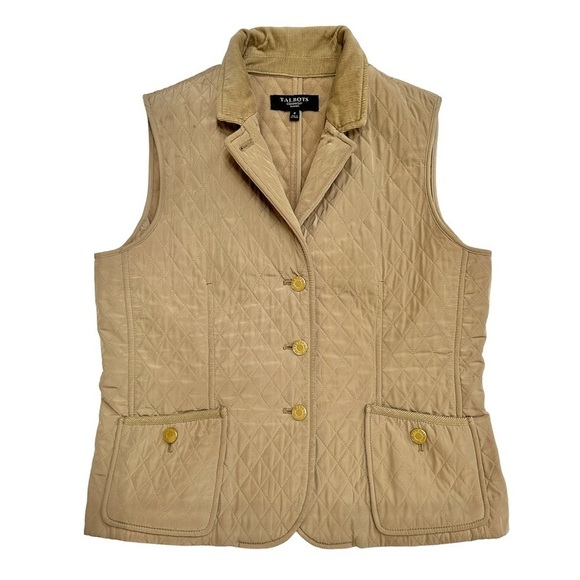 Talbots Diamond Quilted Fleece Lined Tan Vest Corduroy Detail Size, Petite Small - Picture 1 of 11